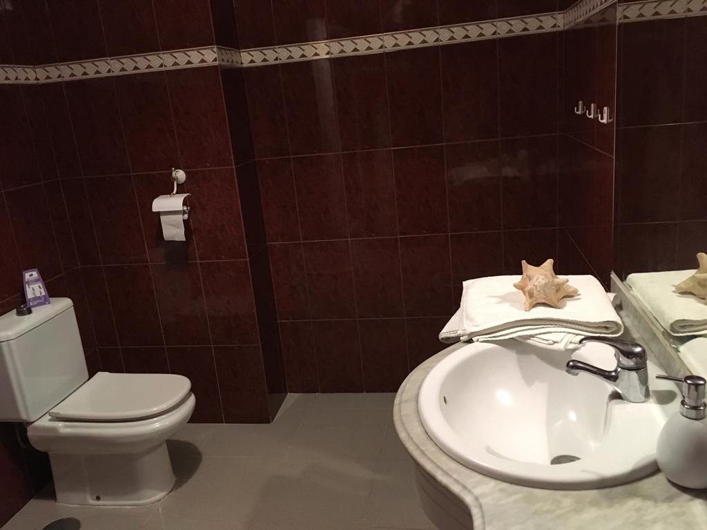 Baño con inodoro, lavabo y toalla sobre azulejo granate.
